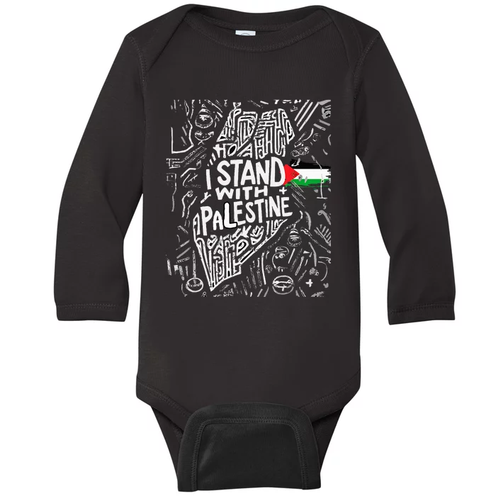 Support I Stand With Palestine Free Palestine Flag Arabic Baby Long Sleeve Bodysuit