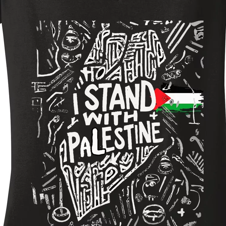 Support I Stand With Palestine Free Palestine Flag Arabic Women's V-Neck T-Shirt