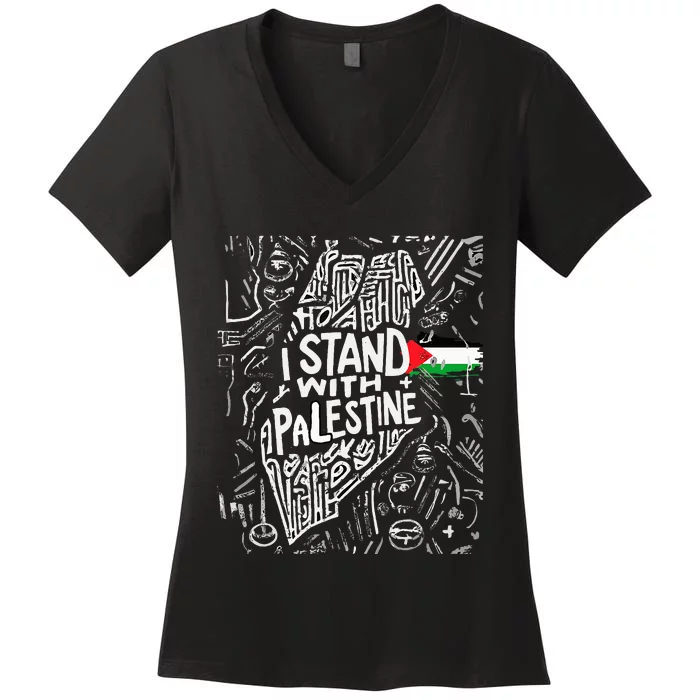 Support I Stand With Palestine Free Palestine Flag Arabic Women's V-Neck T-Shirt