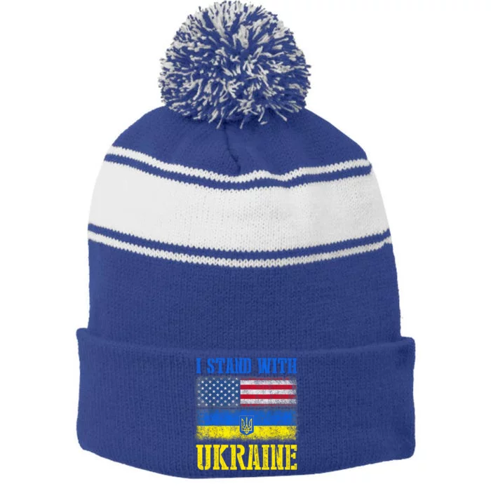 Support I Stand With Ukraine American Ukrainian Flag Gift Stripe Pom Pom Beanie