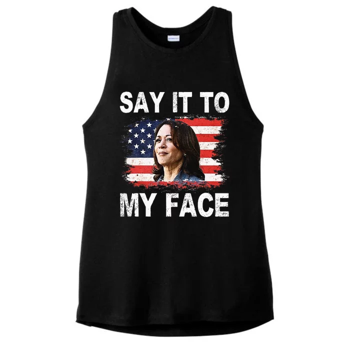 Say It To My Face Funny Kamala Harris Addresses Trump Ladies Tri-Blend Wicking Tank