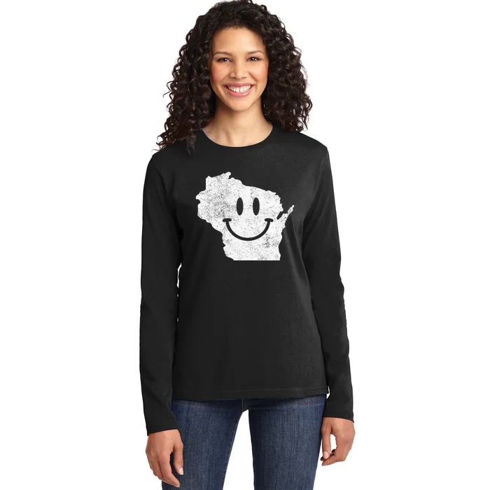 Smiling In Wi – Funny Wisconsin Happy Face Ladies Long Sleeve Shirt