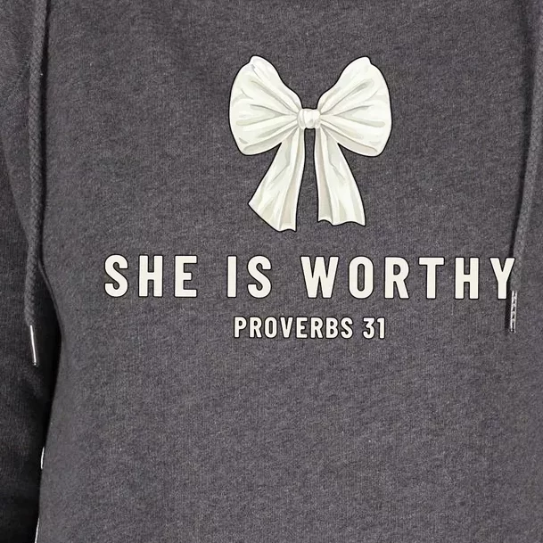 She Is Worthy Bow Womens Funnel Neck Pullover Hood