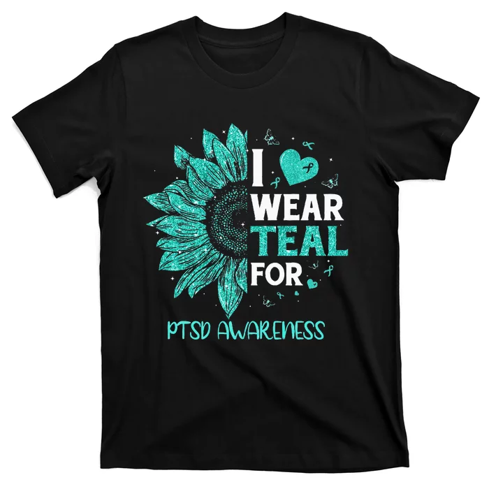 Sunflower I Wear Teal Ribbon For PTSD Awareness T-Shirt