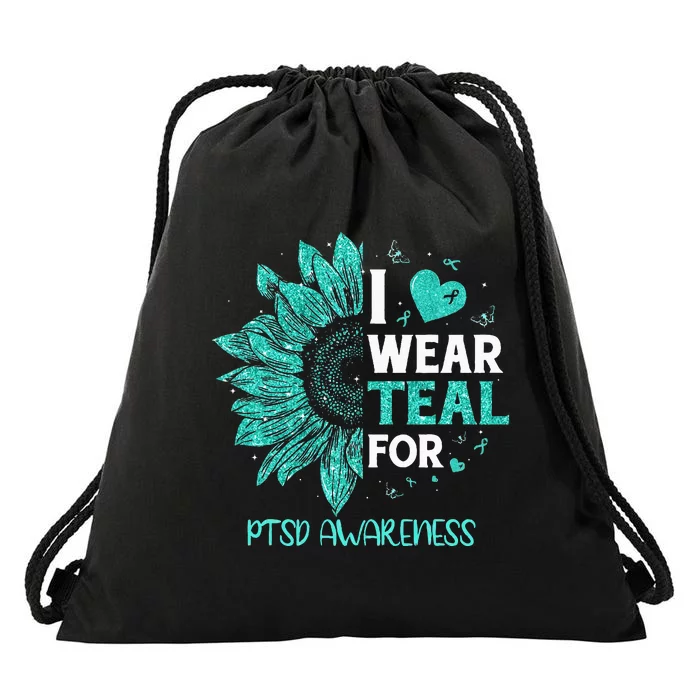 Sunflower I Wear Teal Ribbon For PTSD Awareness Drawstring Bag