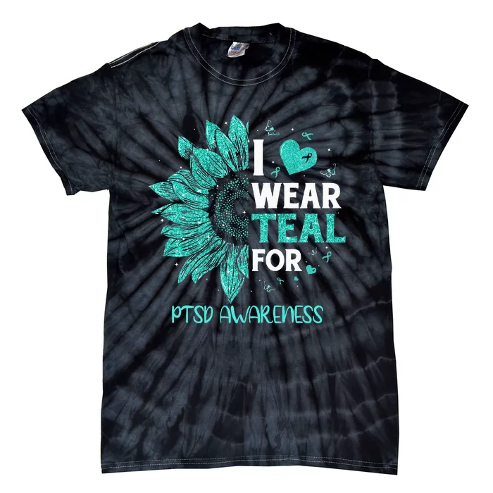 Sunflower I Wear Teal Ribbon For PTSD Awareness Tie-Dye T-Shirt