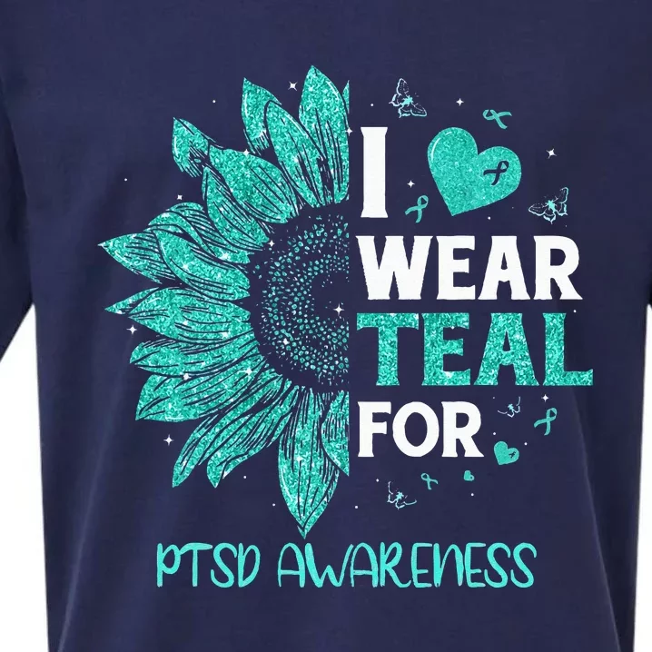 Sunflower I Wear Teal Ribbon For PTSD Awareness Sueded Cloud Jersey T-Shirt