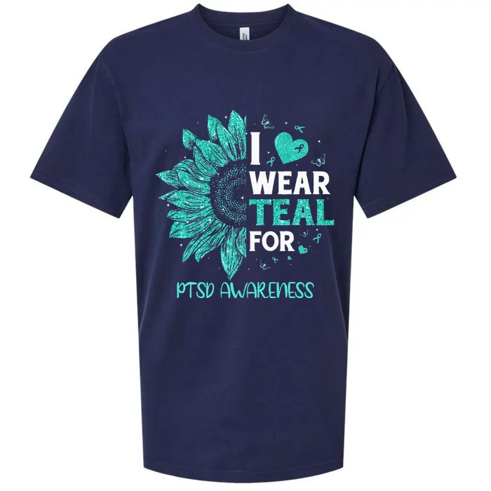 Sunflower I Wear Teal Ribbon For PTSD Awareness Sueded Cloud Jersey T-Shirt