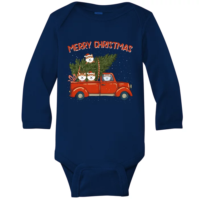 Shiba Inu Xmas Vintage Red Pickup Retro Truck Funny Gift Baby Long Sleeve Bodysuit