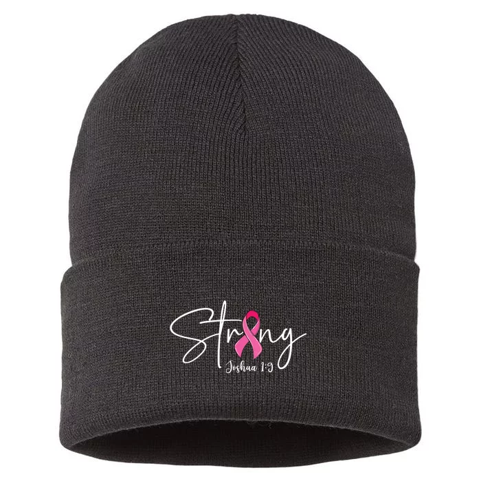 Strong Joshua 19 Bible Verse Breast Cancer Awareness Pink Vneck Sustainable Knit Beanie