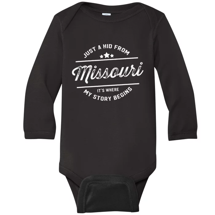 State Just A From Missouri Its Where My Story Begins Baby Long Sleeve Bodysuit