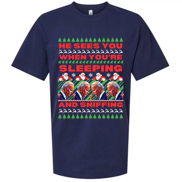 Sleepy Joe Biden Christmas He Sees You When You're Sleeping Sueded Cloud Jersey T-Shirt