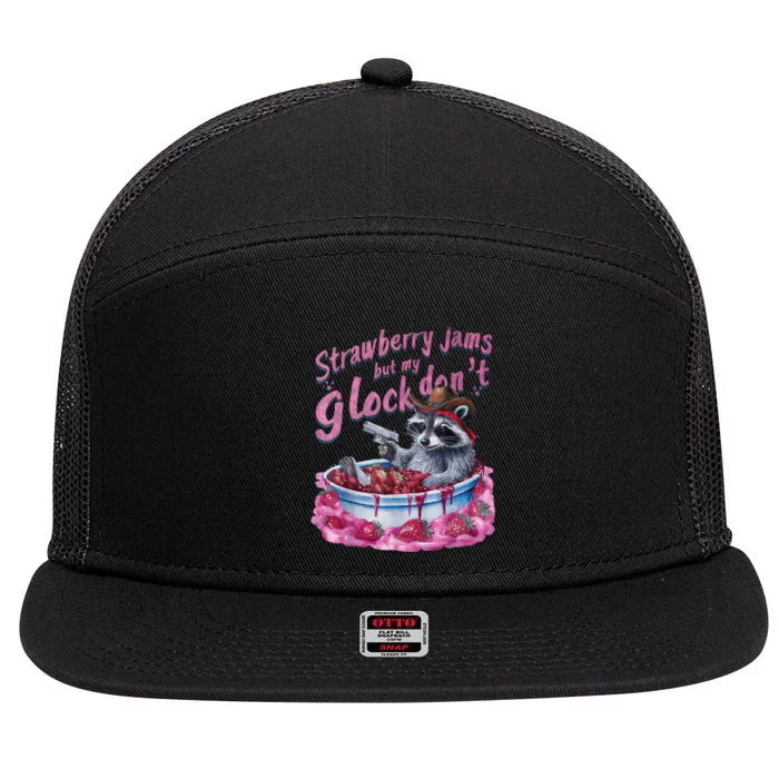 Strawberry Jams But My Dont Funny Raccoon 7 Panel Mesh Trucker Snapback Hat