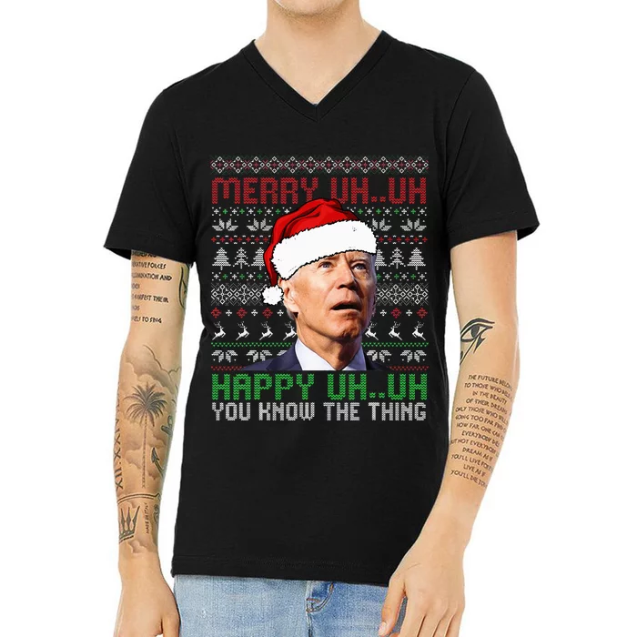 Santa Joe Biden Merry Uh Uh Christmas Ugly Sweater V-Neck T-Shirt