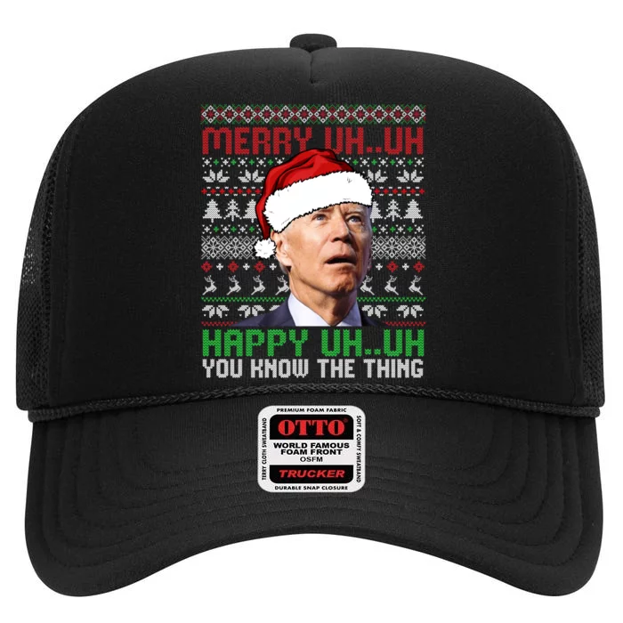 Santa Joe Biden Merry Uh Uh Christmas Ugly Sweater Sweatshirt High Crown Mesh Trucker Hat