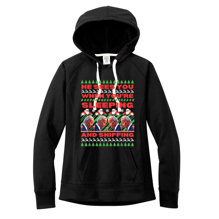 Sleepy Joe Biden Christmas He Sees You When YouRe Sleeping Women's Fleece Hoodie