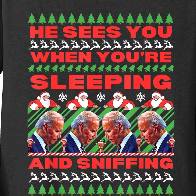 Sleepy Joe Biden Christmas He Sees You When YouRe Sleeping Kids Long Sleeve Shirt