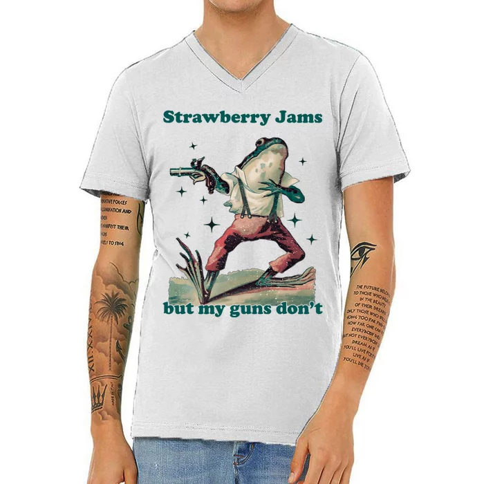 Strawberry Jams But My Guns Dont Funny Frog V-Neck T-Shirt