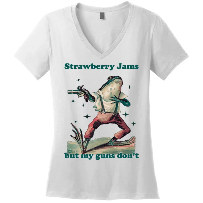 Strawberry Jams But My Guns Dont Funny Frog Women's V-Neck T-Shirt