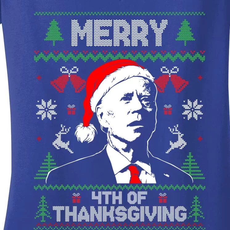 Santa Joe Biden Merry Thanksgiving Ugly Christmas Sweater Gift Women's V-Neck T-Shirt