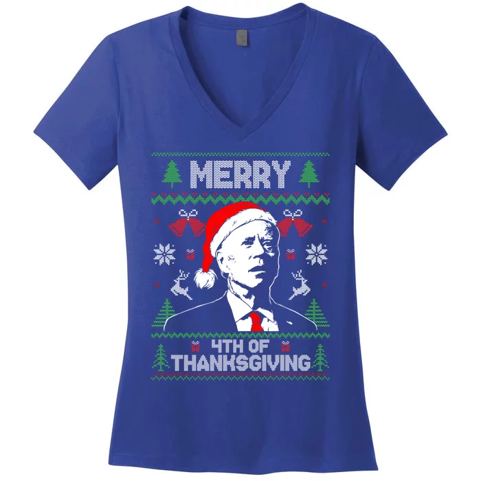 Santa Joe Biden Merry Thanksgiving Ugly Christmas Sweater Gift Women's V-Neck T-Shirt