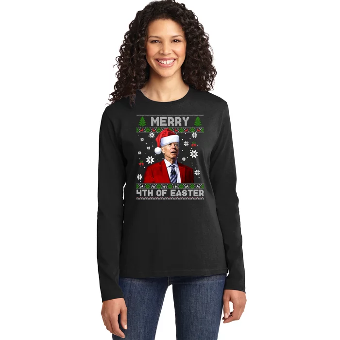 Santa Joe Biden Merry 4th Of Easter Funny FJB Anti Biden Ugly Christmas Sweater Ladies Long Sleeve Shirt