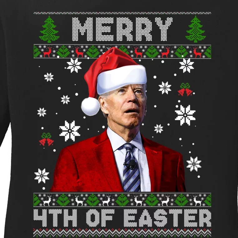 Santa Joe Biden Merry 4th Of Easter Funny FJB Anti Biden Ugly Christmas Sweater Ladies Long Sleeve Shirt