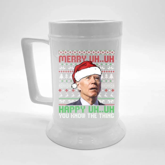 Santa Joe Biden Merry Uh Uh Christmas Ugly Sweater Gift Front & Back Beer Stein