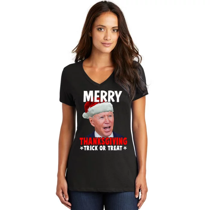 Santa Joe Biden Merry Thanksgiving Christmas Ugly Sweater Women's V-Neck T-Shirt