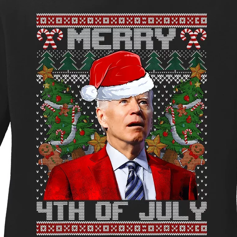 Santa Joe Biden Merry 4th Of July Ugly Christmas Sweaters Ladies Long Sleeve Shirt