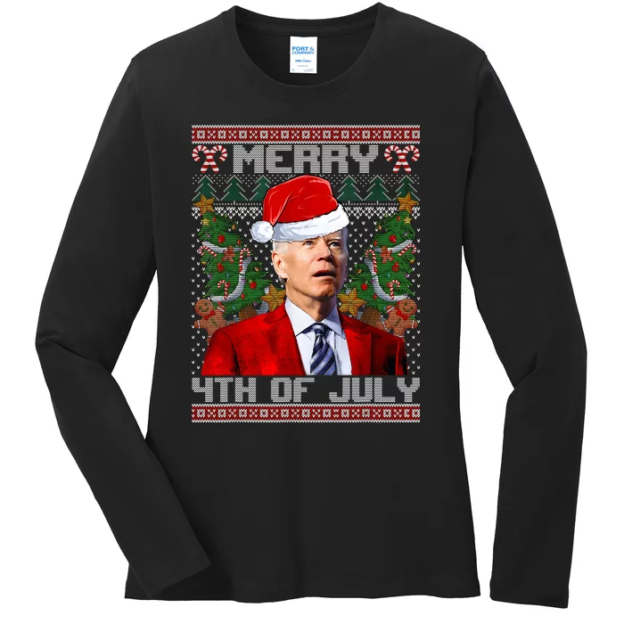 Santa Joe Biden Merry 4th Of July Ugly Christmas Sweaters Ladies Long Sleeve Shirt