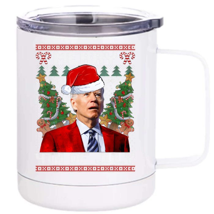 Santa Joe Biden Merry 4th Of July Ugly Christmas Sweaters Front & Back 12oz Stainless Steel Tumbler Cup