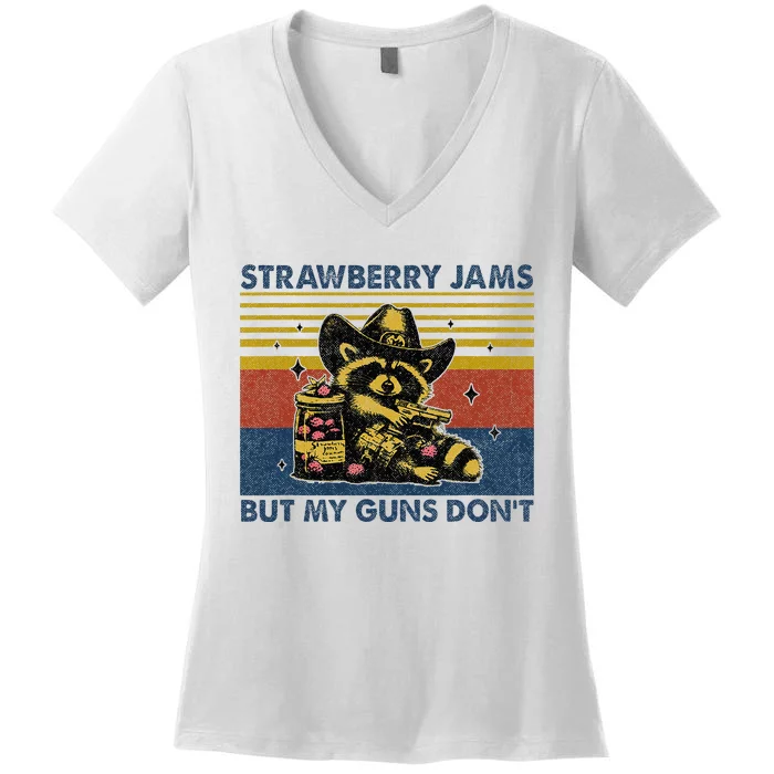 Strawberry Jams But My Toy Dont Western Cowboy Raccoon Women's V-Neck T-Shirt