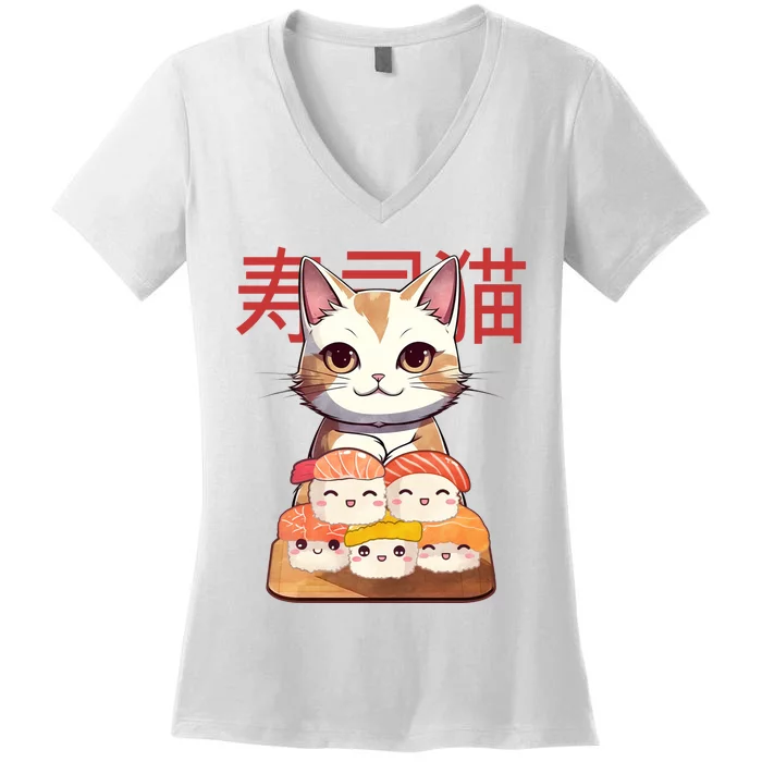 Sushi Japanese Cat Cute Gift Women's V-Neck T-Shirt