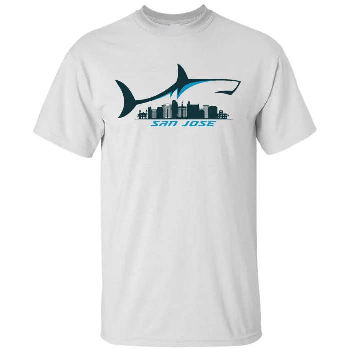 San Jose City Skyline With Shark Above Shark City Sj Tall T-Shirt