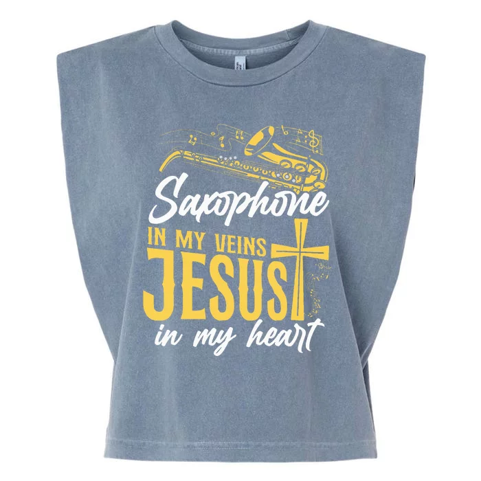 Saxophone Jesus Faith Christian Saxophone In My Veins Jesus Garment-Dyed Women's Muscle Tee