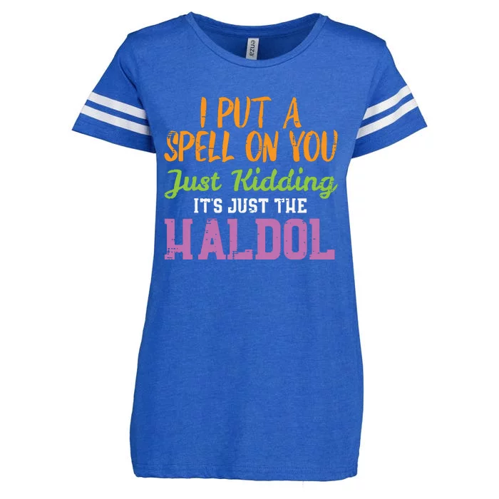 Spell Just Kidding Haldol Funny Nurse Halloween Rn Icu Enza Ladies Jersey Football T-Shirt