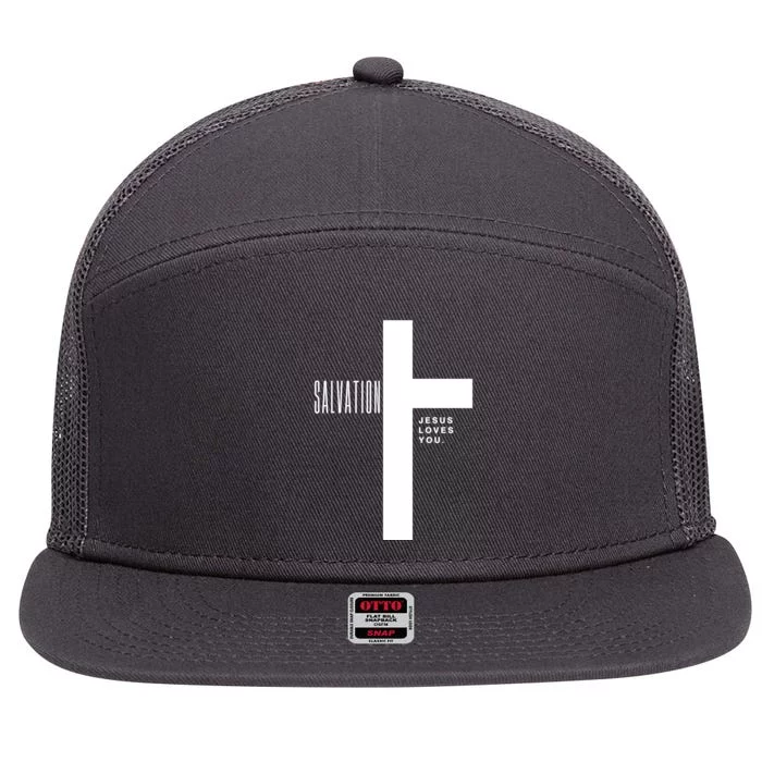 Salvation Jesus Loves You Cross 7 Panel Mesh Trucker Snapback Hat