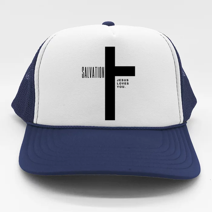 Salvation Jesus Loves You Cross Trucker Hat