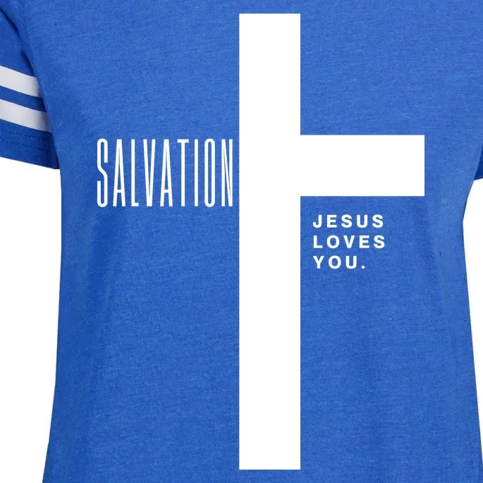 Salvation Jesus Loves You Cross Enza Ladies Jersey Football T-Shirt