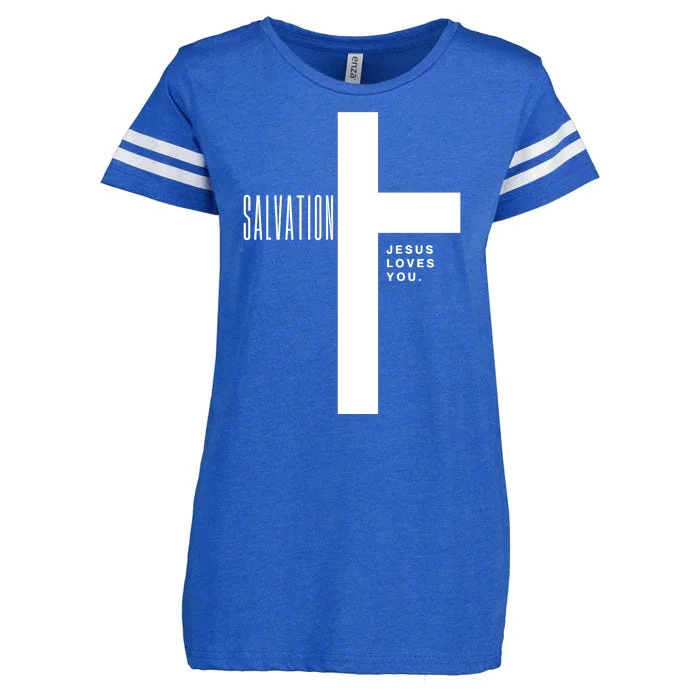 Salvation Jesus Loves You Cross Enza Ladies Jersey Football T-Shirt