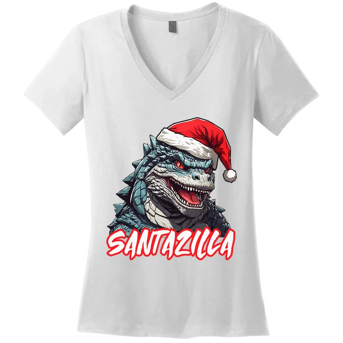 Santazilla Japanese Monster Kaiju Christmas Women's V-Neck T-Shirt