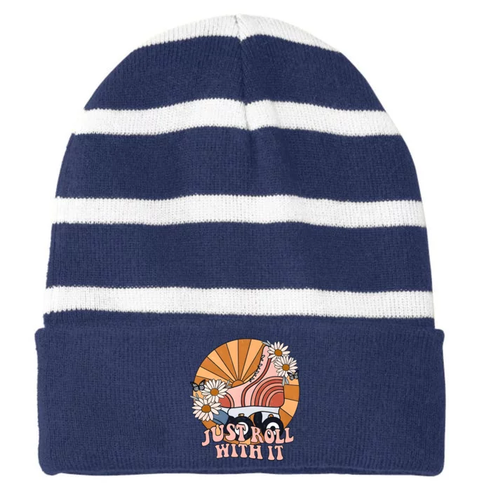 Sunshine Just Roll With It Roller Groovy Vibes Skate Skating Striped Beanie with Solid Band