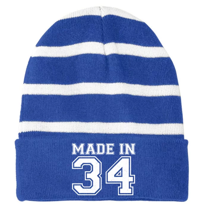 Sporty Jersey Style Made In 1934 90th Birthday Striped Beanie with Solid Band