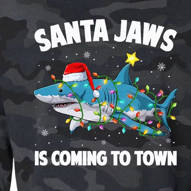 Santa Jaws Shark Christmas Lights Merry Sharkmas Xmas Cropped Pullover Crew