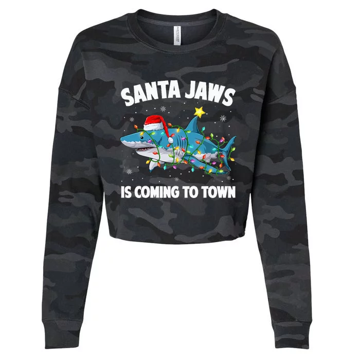 Santa Jaws Shark Christmas Lights Merry Sharkmas Xmas Cropped Pullover Crew