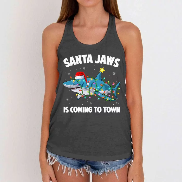 Santa Jaws Shark Christmas Lights Merry Sharkmas Xmas Women's Knotted Racerback Tank