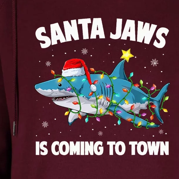 Santa Jaws Shark Christmas Lights Merry Sharkmas Xmas Womens Funnel Neck Pullover Hood