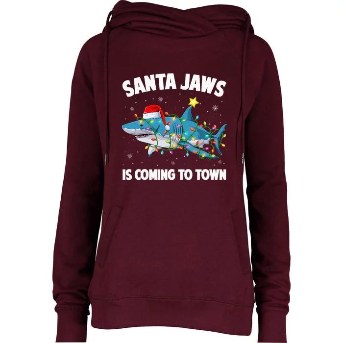 Santa Jaws Shark Christmas Lights Merry Sharkmas Xmas Womens Funnel Neck Pullover Hood