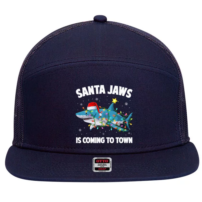 Santa Jaws Shark Christmas Lights Merry Sharkmas Xmas 7 Panel Mesh Trucker Snapback Hat